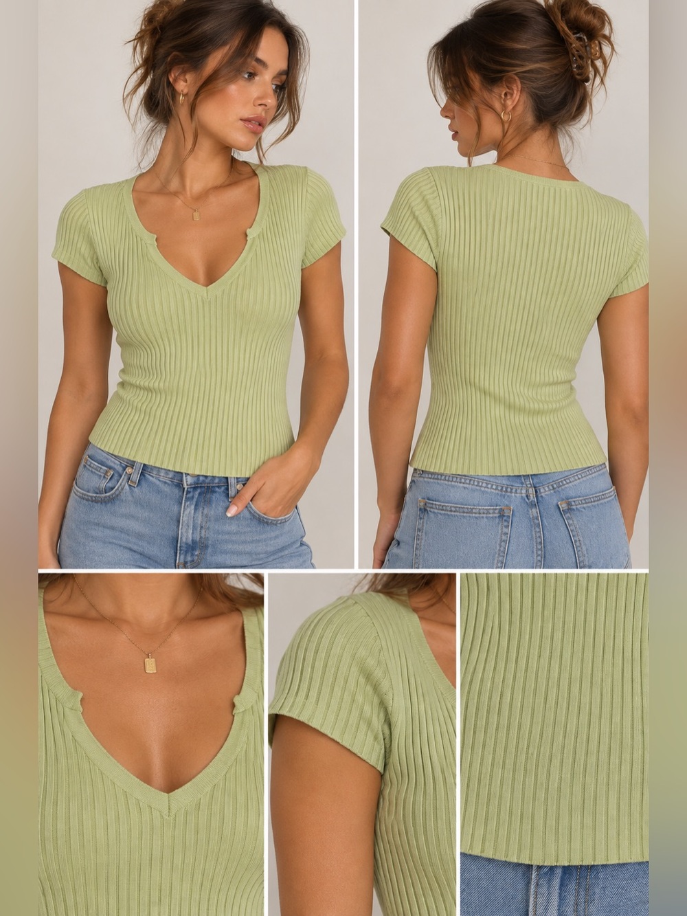 Liz Claiborne Light Lime Ribbed V-Neck Short Sleeve Top
